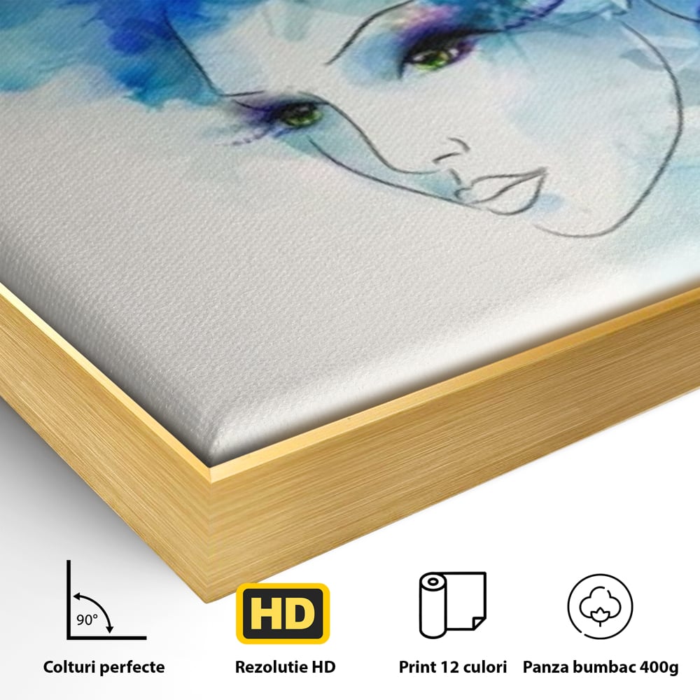 Detaliu al suprafetei: tablou canvas cu portret de femeie si flori albastre, in rama de aluminiu auriu