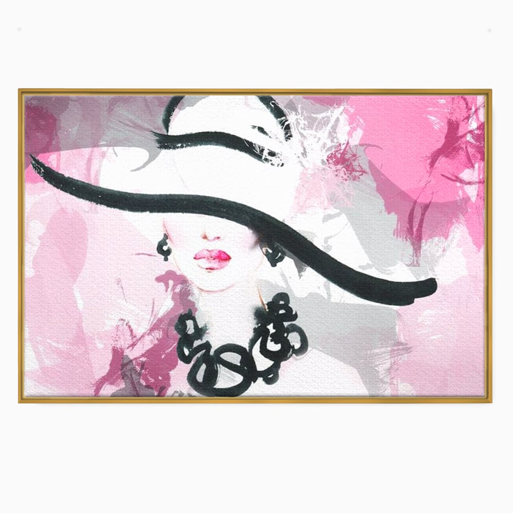 Tablou canvas cu ilustratie digitala cu femeie eleganta cu palarie si colier, in rama de aluminiu auriu