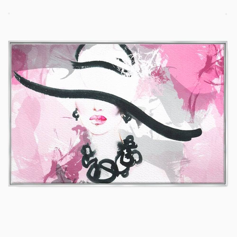 Tablou canvas cu ilustratie digitala cu femeie eleganta cu palarie si colier, in rama de aluminiu argintiu