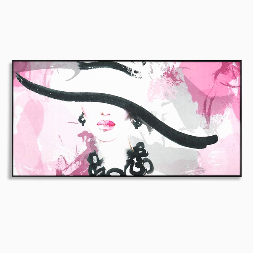 Tablou canvas cu ilustratie digitala cu femeie eleganta cu palarie si colier, in rama de aluminiu negru