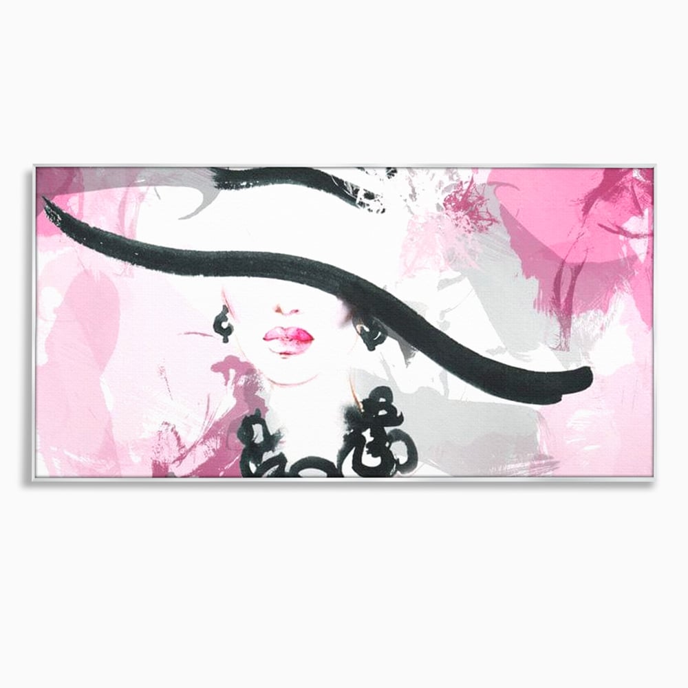 Tablou canvas cu ilustratie digitala cu femeie eleganta cu palarie si colier, in rama de aluminiu argintiu