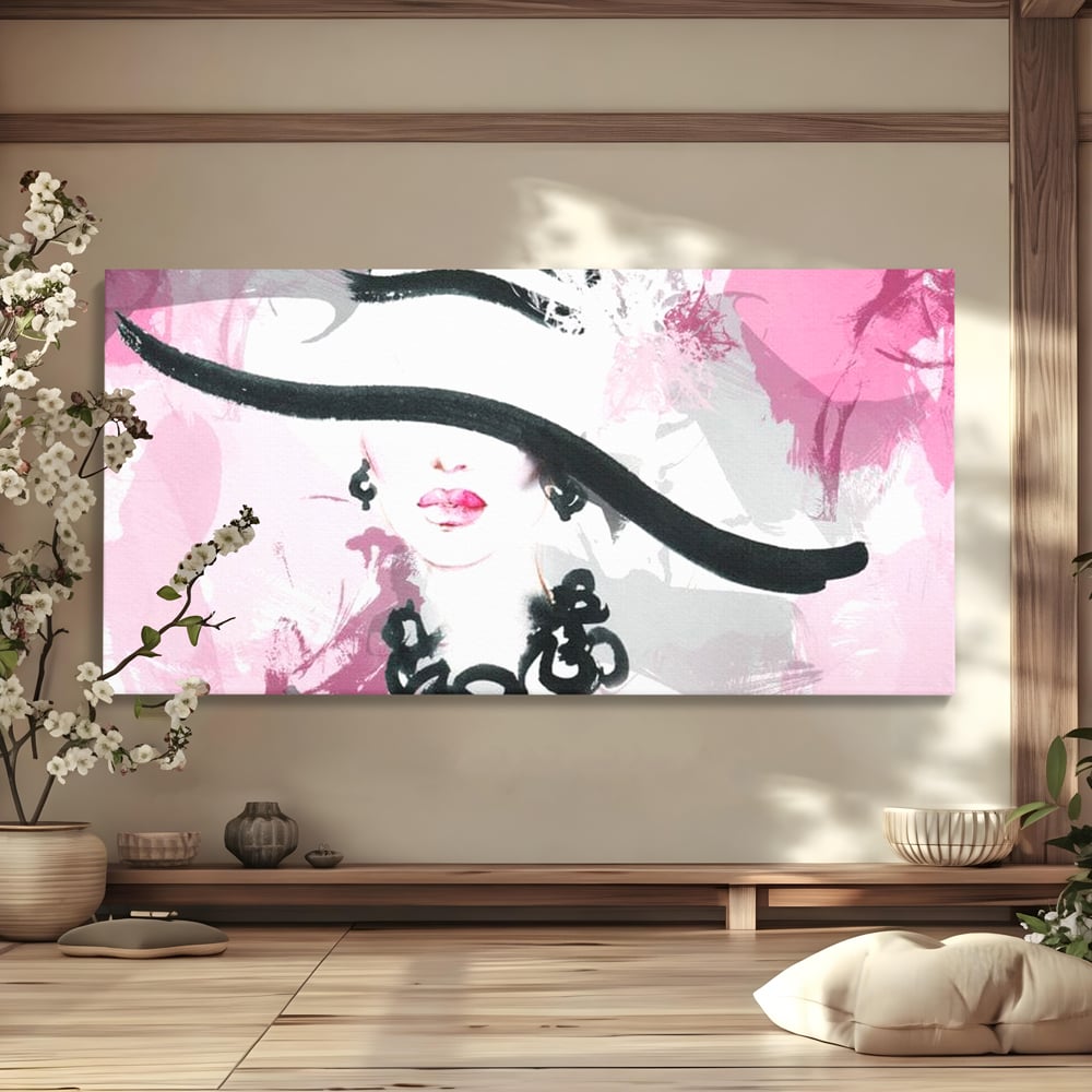 Tablou canvas cu ilustratie digitala cu femeie eleganta cu palarie si colier, fara rama, pe sasiu de lemn