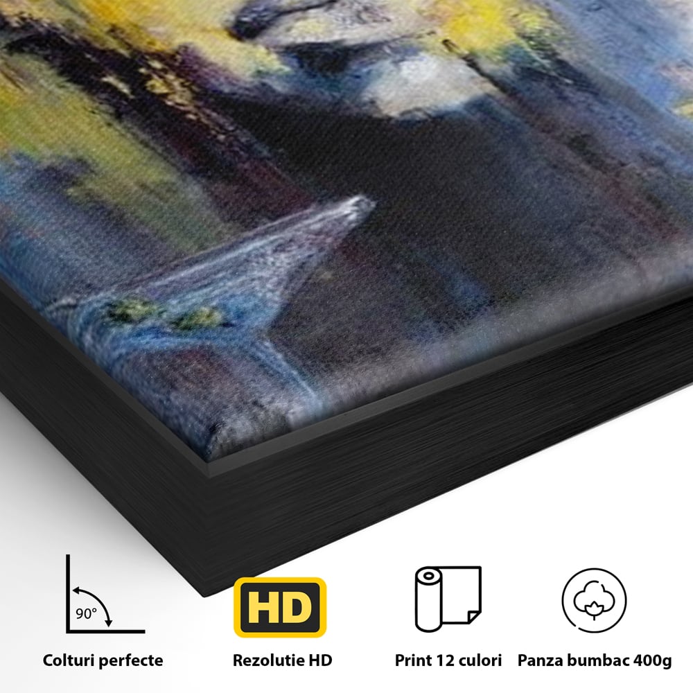 Detaliu al suprafetei: tablou canvas cu femeie si pahar de martini, in rama de aluminiu negru