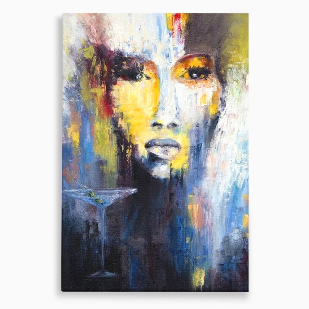Tablou canvas cu tablou canvas cu femeie si pahar de martini, fara rama, pe sasiu de lemn