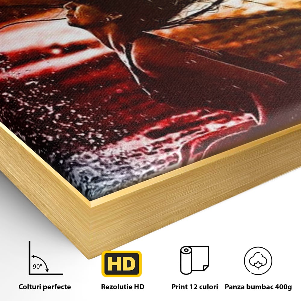 Detaliu al suprafetei: tablou canvas cu femeie si stropi de apa, in rama de aluminiu auriu