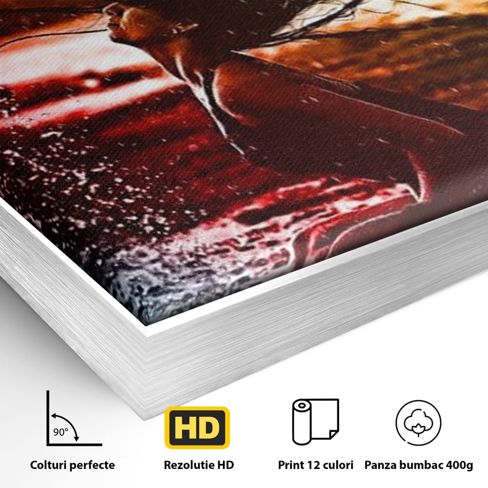 Detaliu al suprafetei: tablou canvas cu femeie si stropi de apa, in rama de aluminiu argintiu