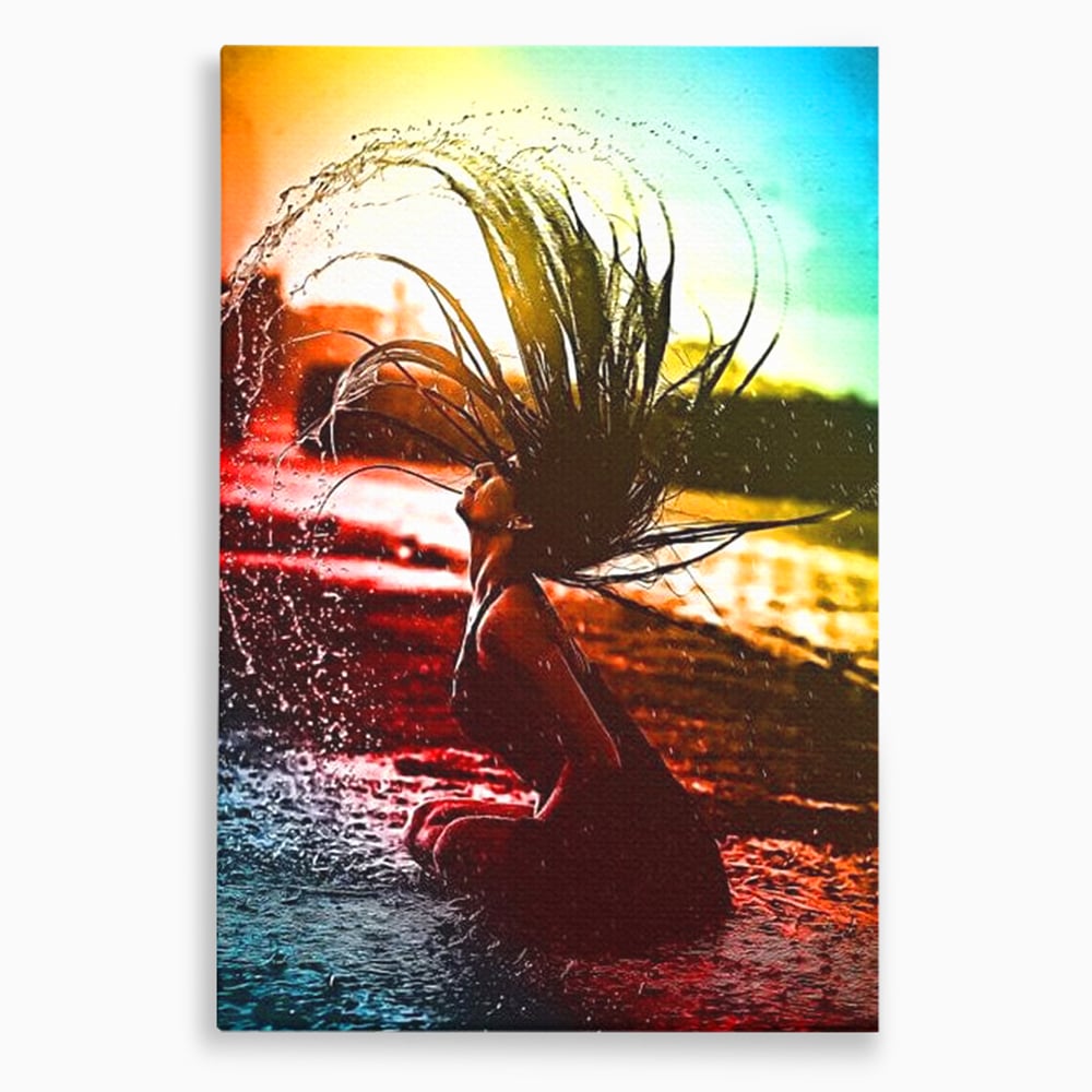 Tablou canvas cu tablou canvas cu femeie si stropi de apa, fara rama, pe sasiu de lemn