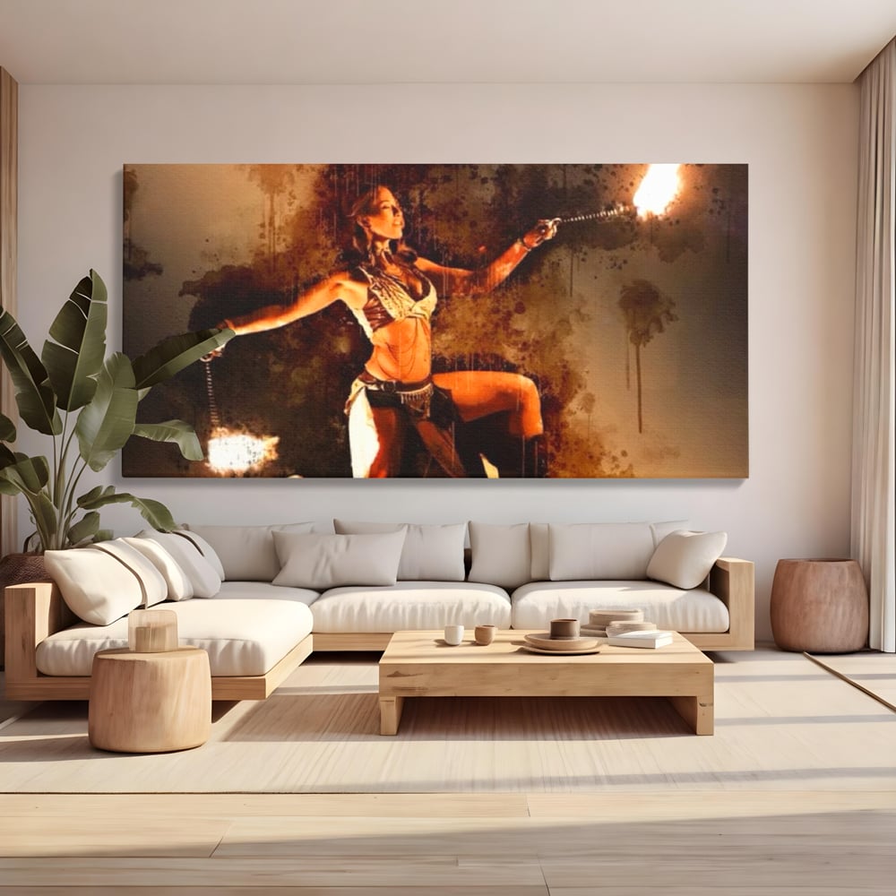 Tablou canvas cu tablou canvas cu dansatoare de foc, fara rama, pe sasiu de lemn, pe perete intr-un living