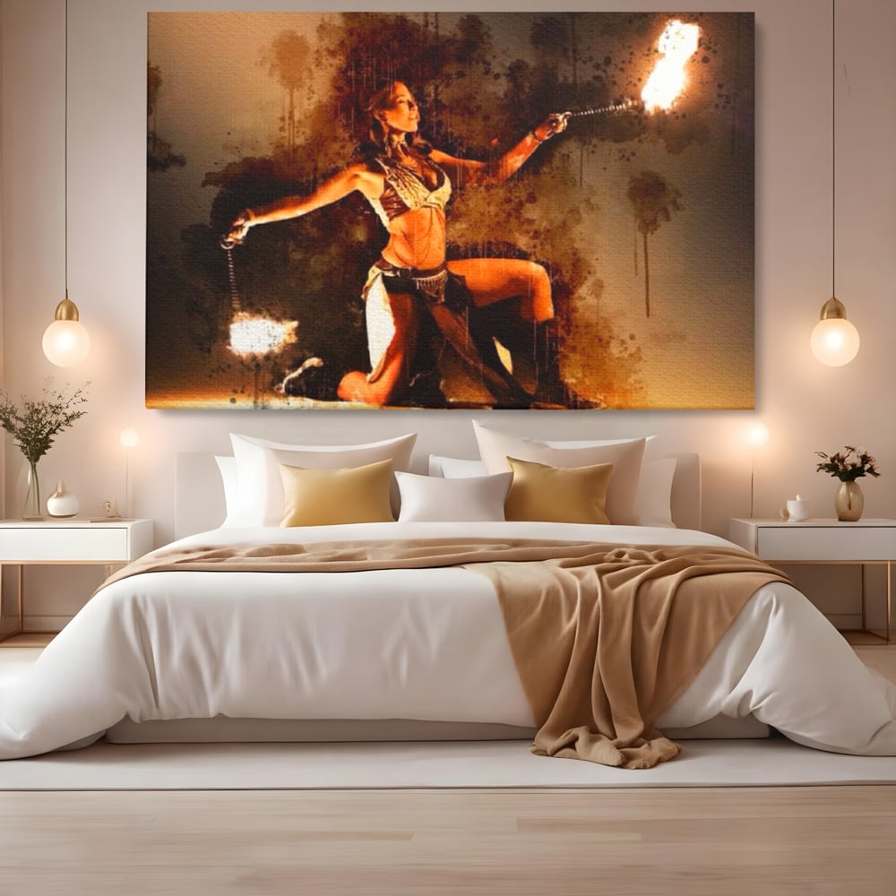 Tablou canvas cu tablou canvas cu dansatoare de foc, fara rama, pe sasiu de lemn, pe perete intr-un dormitor