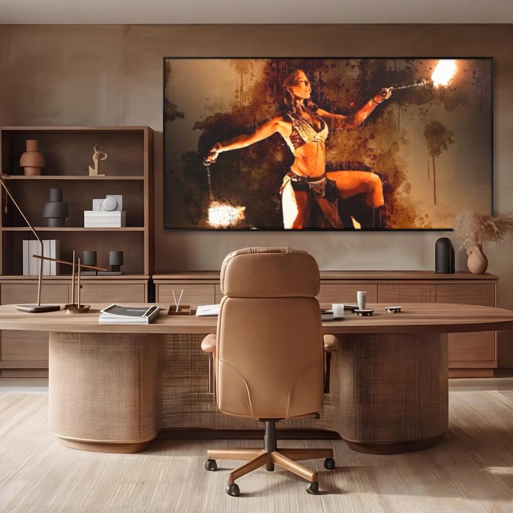 Tablou canvas cu tablou canvas cu dansatoare de foc, in rama de aluminiu negru, pe perete intr-un birou
