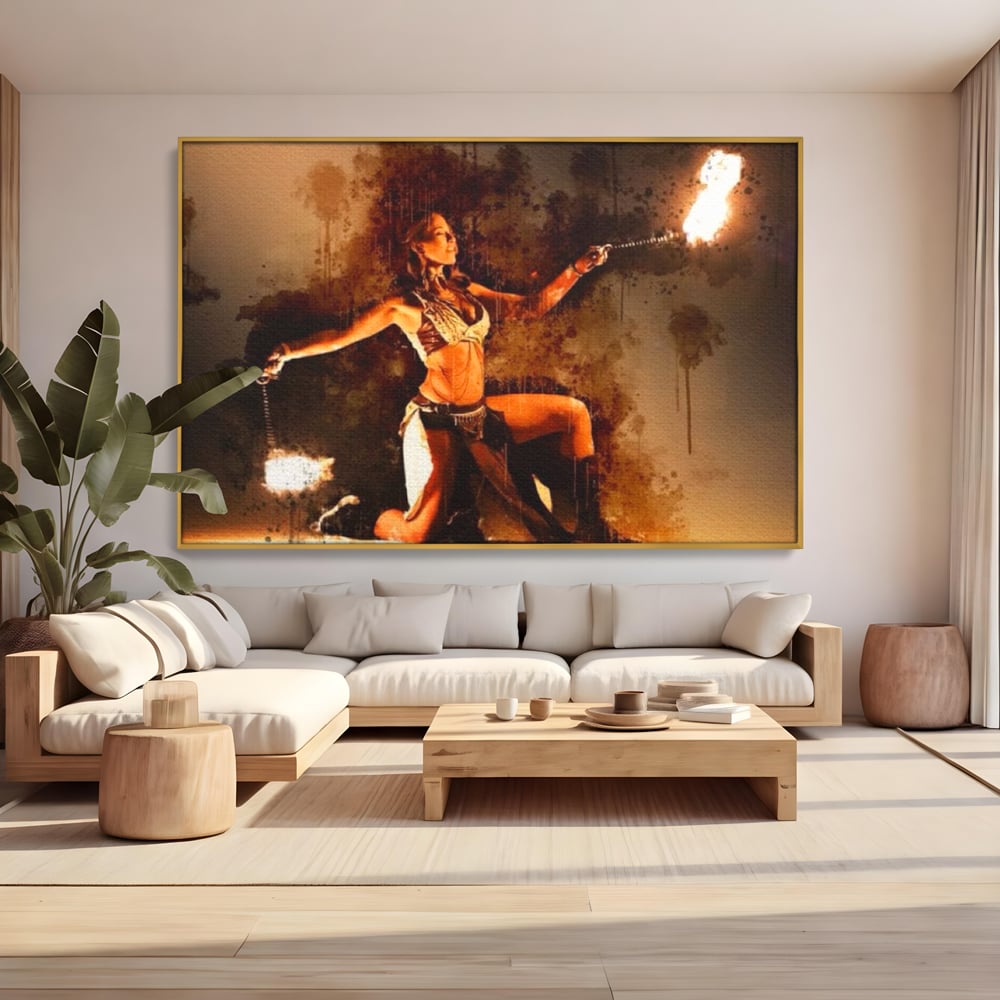 Tablou canvas cu tablou canvas cu dansatoare de foc, in rama de aluminiu auriu, pe perete intr-un living