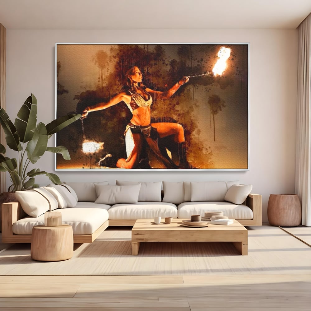 Tablou canvas cu tablou canvas cu dansatoare de foc, in rama de aluminiu argintiu, pe perete intr-un living