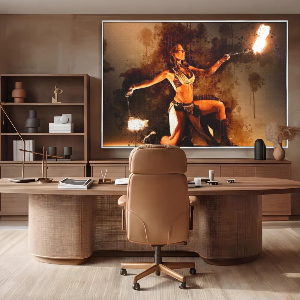 Tablou canvas cu tablou canvas cu dansatoare de foc, in rama de aluminiu argintiu, pe perete intr-un birou