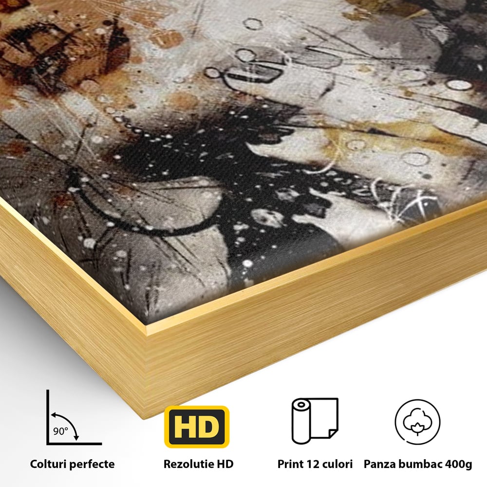 Detaliu al suprafetei: tablou canvas cu portret abstract feminin, in rama de aluminiu auriu