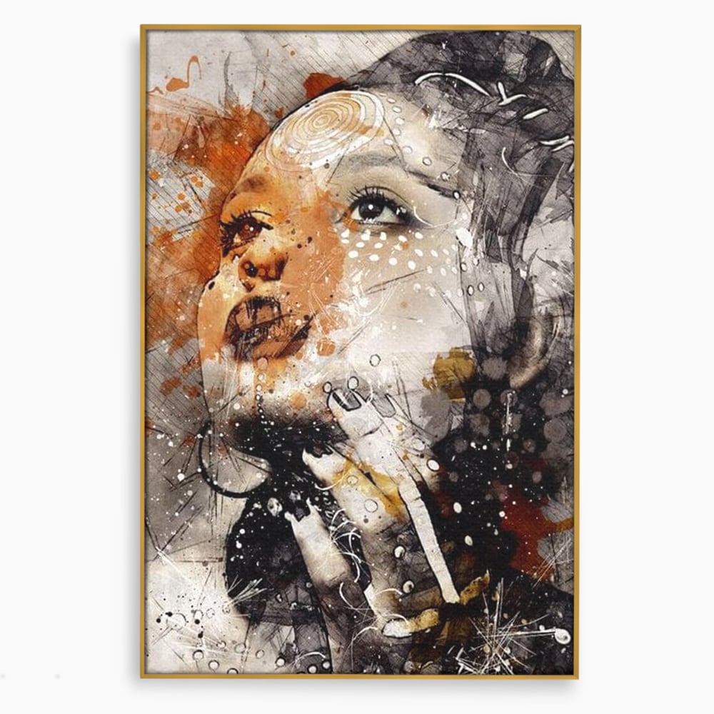 Tablou canvas cu tablou canvas cu portret abstract feminin, in rama de aluminiu auriu