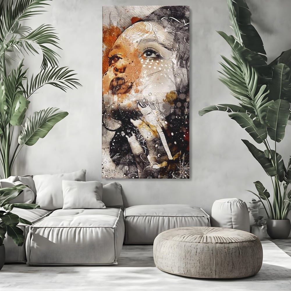 Tablou canvas cu tablou canvas cu portret abstract feminin, fara rama, pe sasiu de lemn, pe perete intr-un living