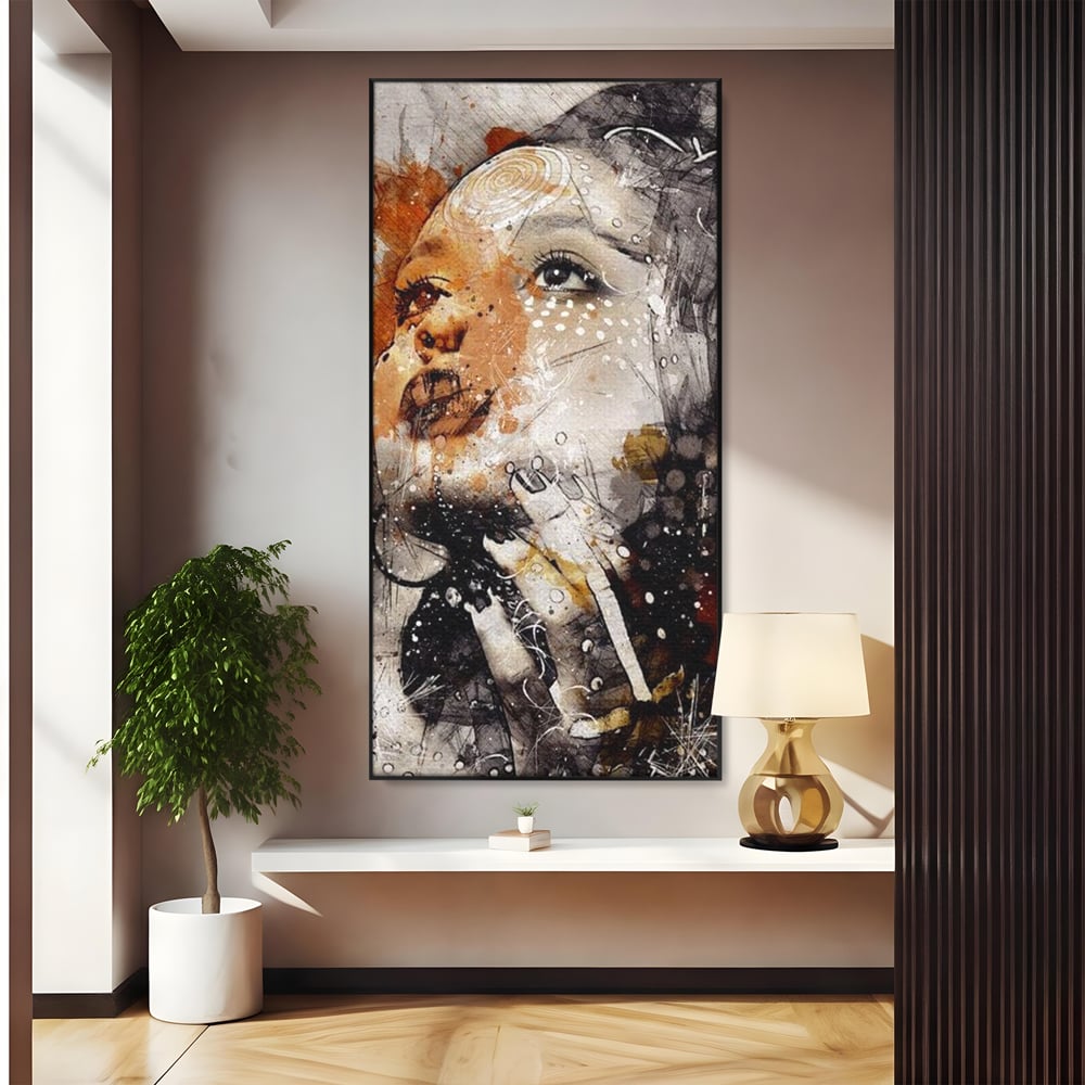 Tablou canvas cu tablou canvas cu portret abstract feminin, in rama de aluminiu negru