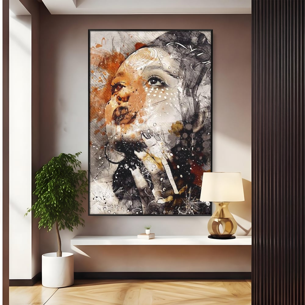 Tablou canvas cu tablou canvas cu portret abstract feminin, in rama de aluminiu negru