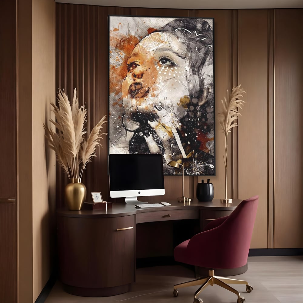 Tablou canvas cu tablou canvas cu portret abstract feminin, in rama de aluminiu negru, pe perete intr-un birou