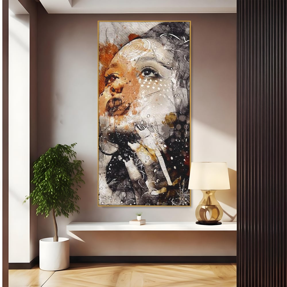 Tablou canvas cu tablou canvas cu portret abstract feminin, in rama de aluminiu auriu