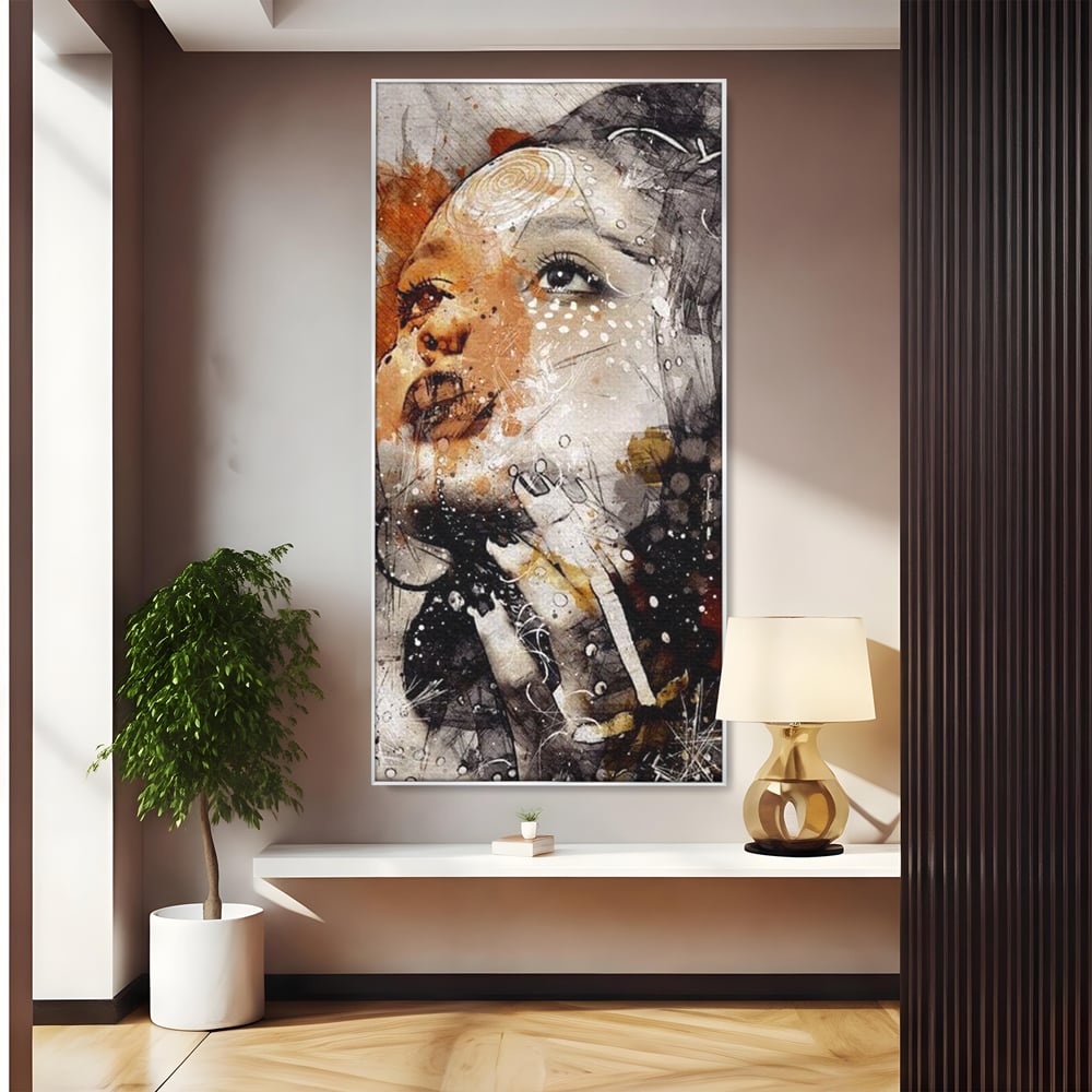 Tablou canvas cu tablou canvas cu portret abstract feminin, in rama de aluminiu argintiu