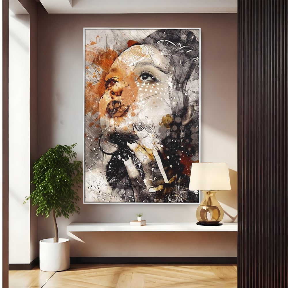 Tablou canvas cu tablou canvas cu portret abstract feminin, in rama de aluminiu argintiu