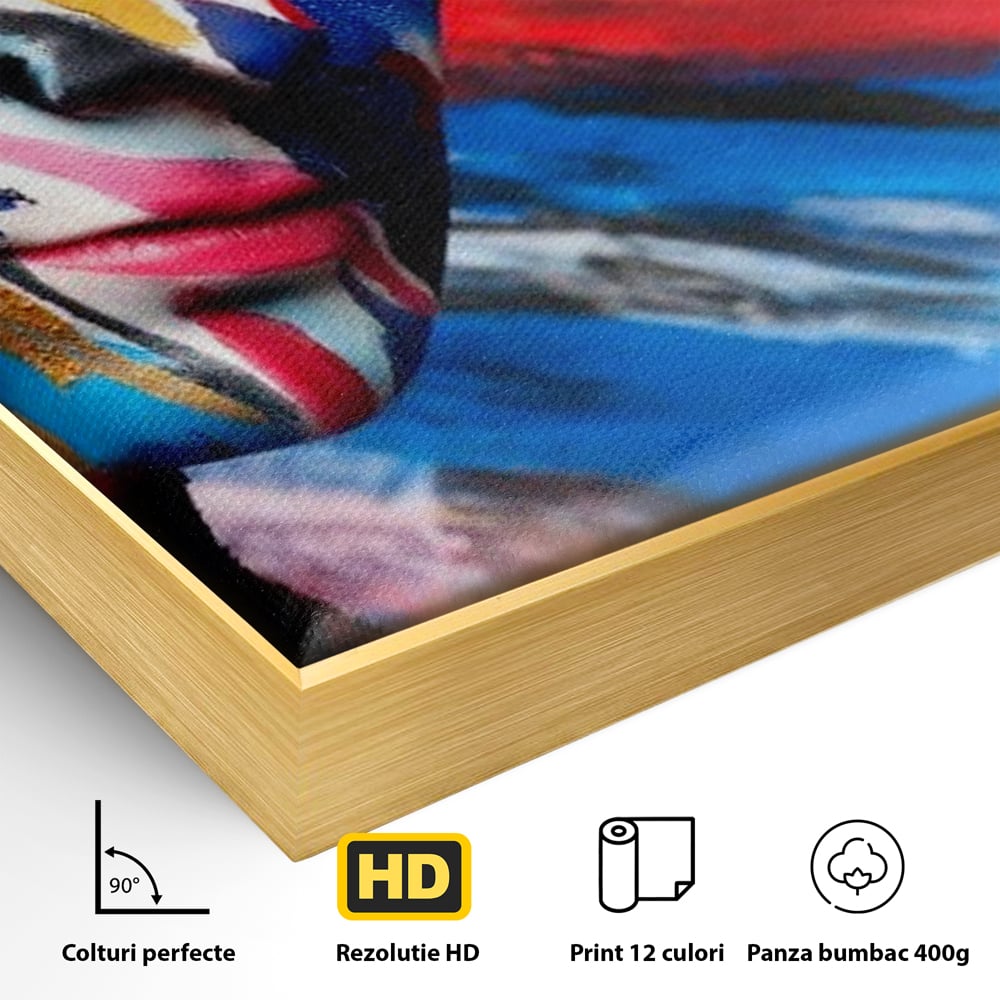 Detaliu al suprafetei: tablou canvas cu fata de femeie pictata, in rama de aluminiu auriu