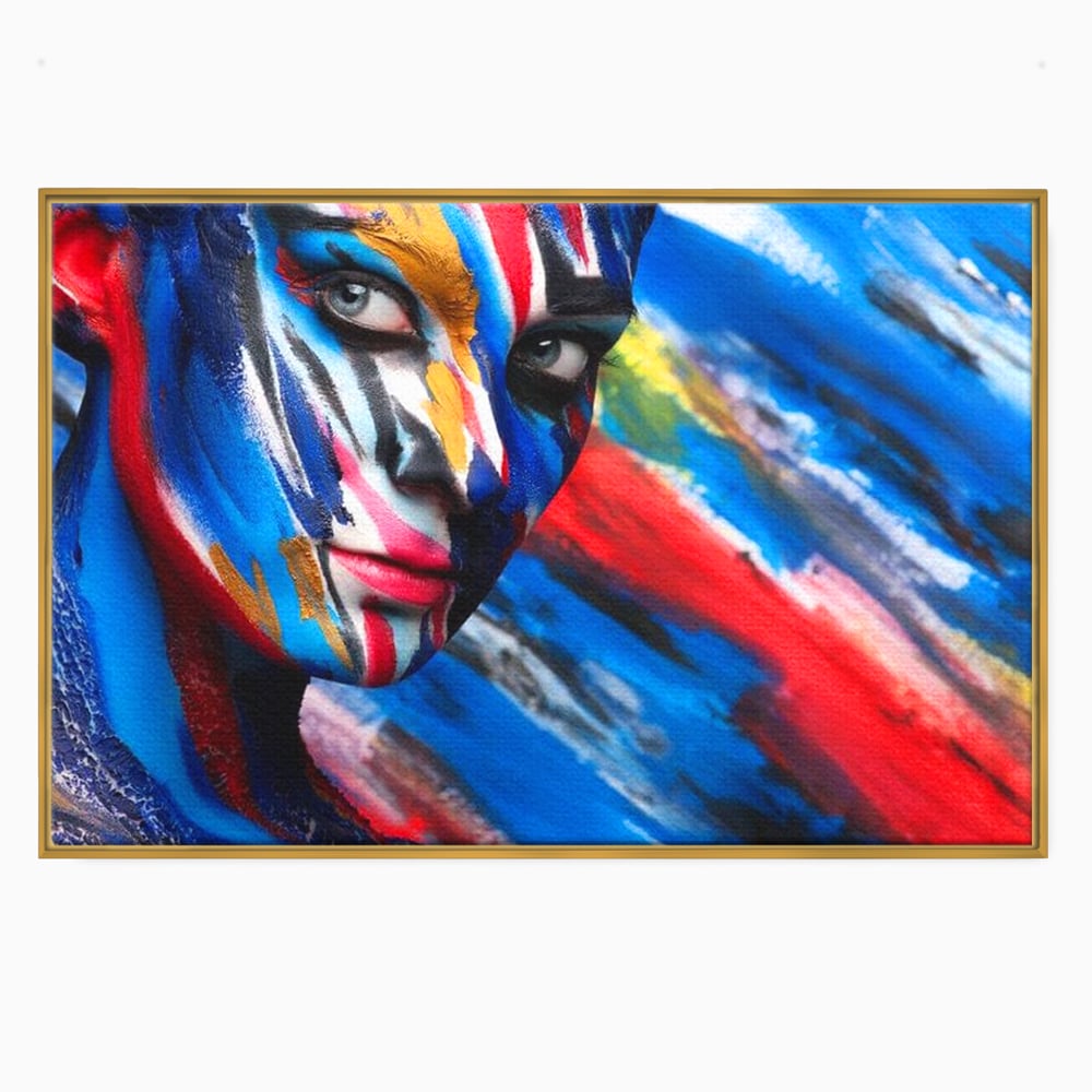 Tablou canvas cu tablou canvas cu fata de femeie pictata, in rama de aluminiu auriu