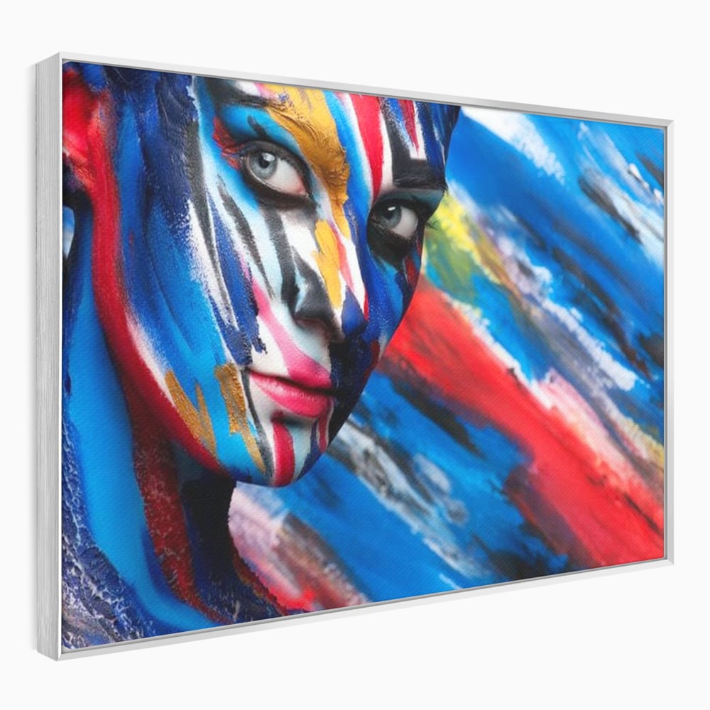 Tablou canvas cu tablou canvas cu fata de femeie pictata, in rama de aluminiu argintiu