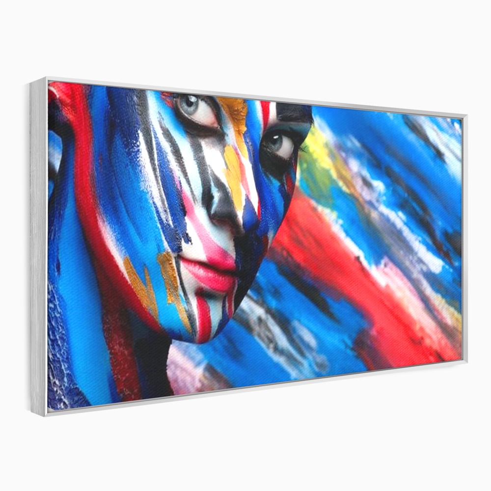 Tablou canvas cu tablou canvas cu fata de femeie pictata, in rama de aluminiu argintiu
