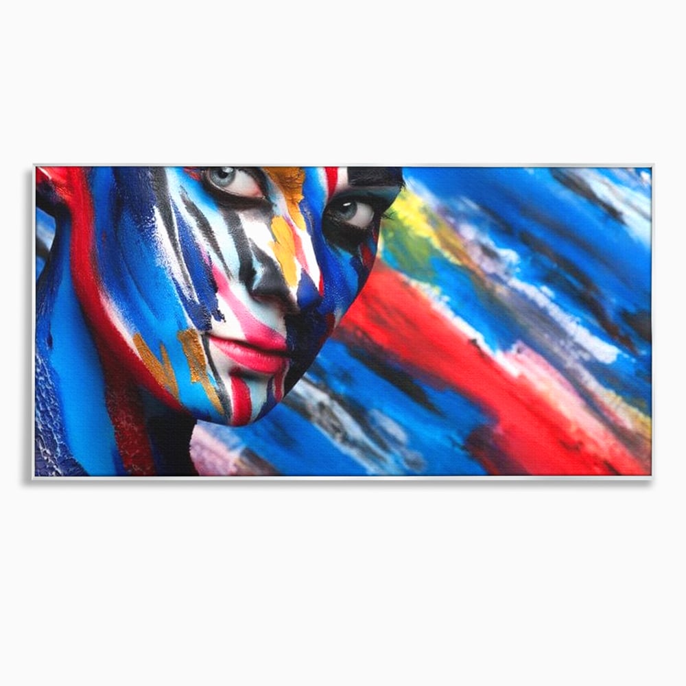 Tablou canvas cu tablou canvas cu fata de femeie pictata, in rama de aluminiu argintiu