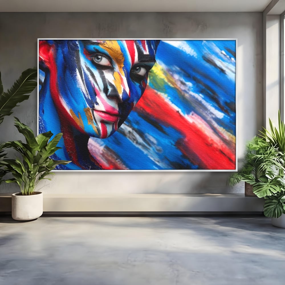 Tablou canvas cu tablou canvas cu fata de femeie pictata, in rama de aluminiu argintiu