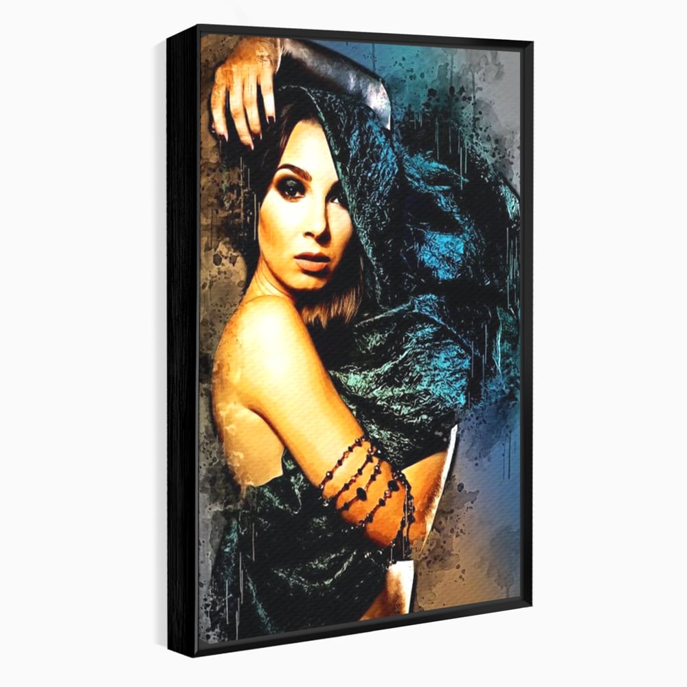 Tablou canvas cu tablou canvas portret femeie misterioasa, in rama de aluminiu negru