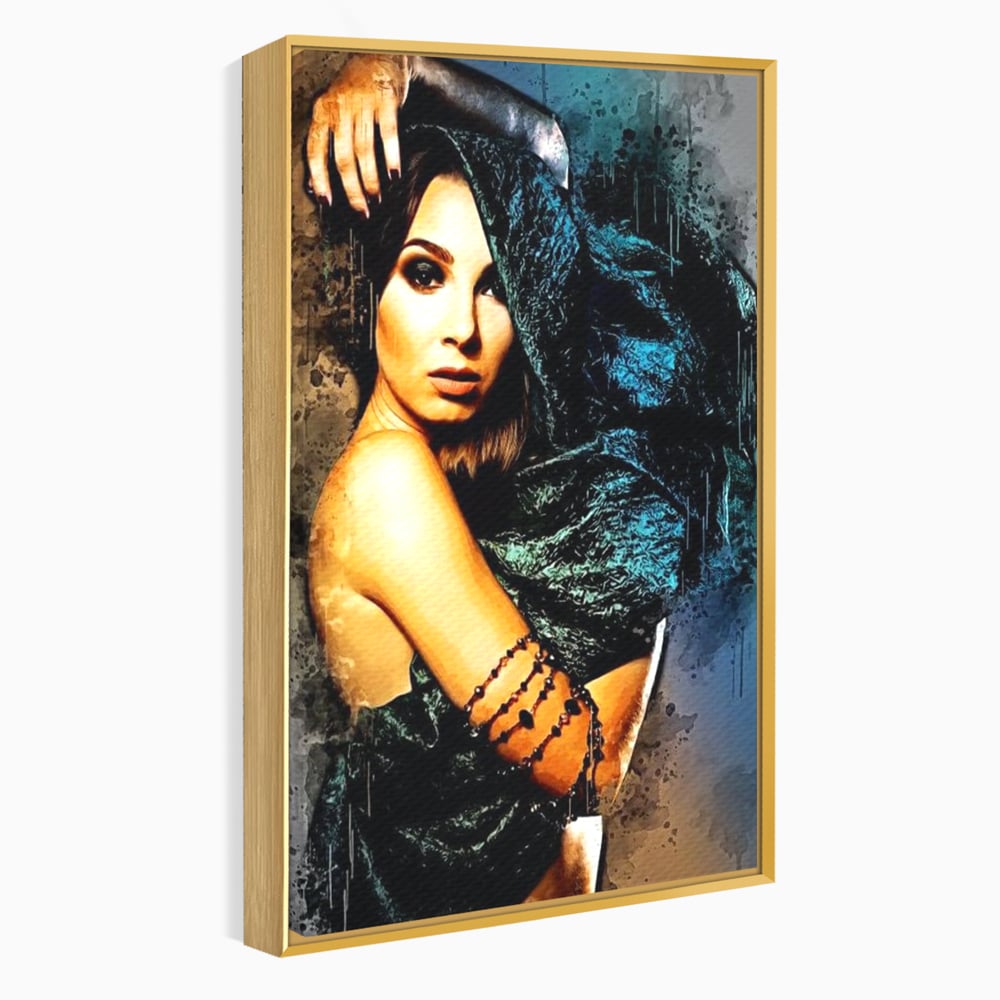 Tablou canvas cu tablou canvas portret femeie misterioasa, in rama de aluminiu auriu