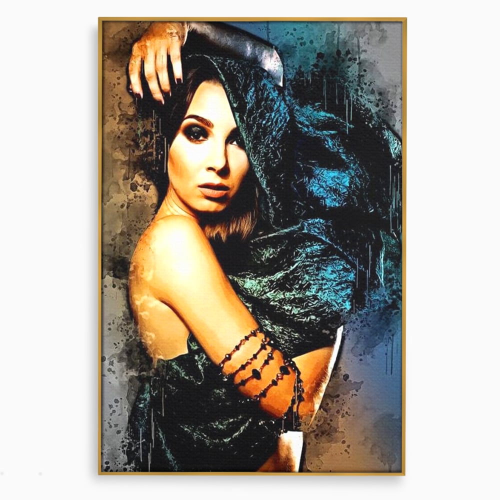 Tablou canvas cu tablou canvas portret femeie misterioasa, in rama de aluminiu auriu