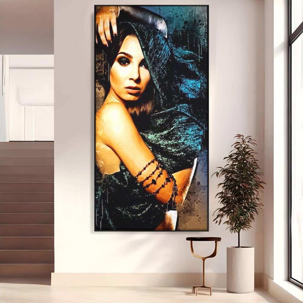 Tablou canvas cu tablou canvas portret femeie misterioasa, in rama de aluminiu negru