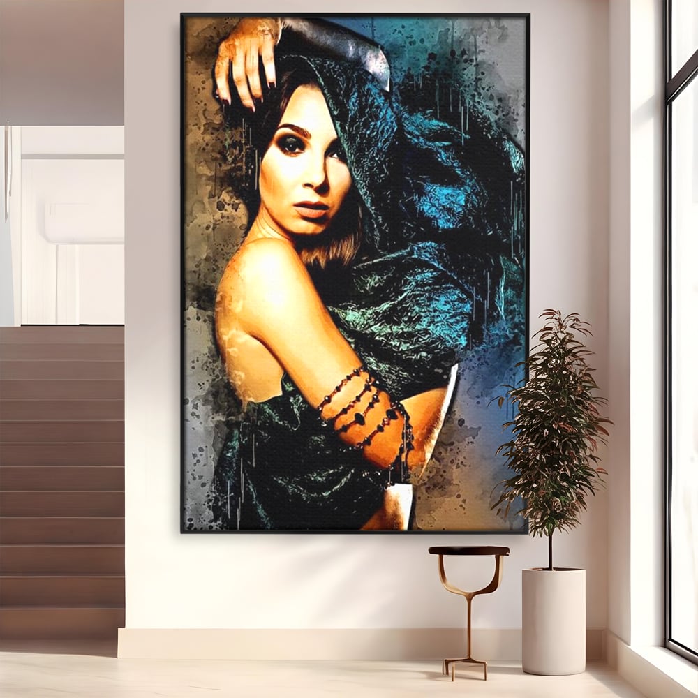 Tablou canvas cu tablou canvas portret femeie misterioasa, in rama de aluminiu negru