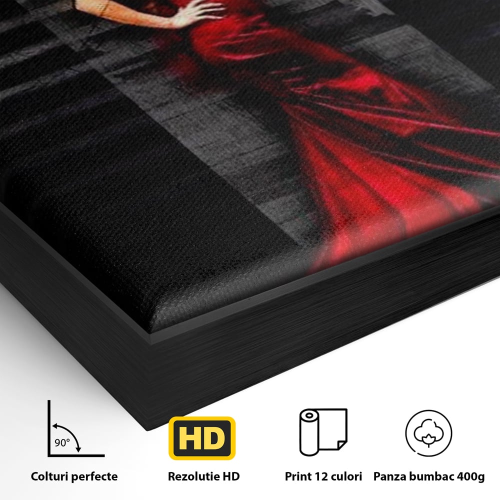 Detaliu al suprafetei: tablou canvas cu femeie in rochie rosie, in rama de aluminiu negru