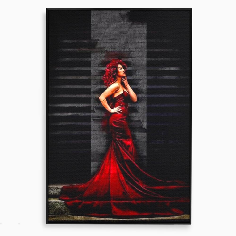 Tablou canvas cu tablou canvas cu femeie in rochie rosie, in rama de aluminiu negru