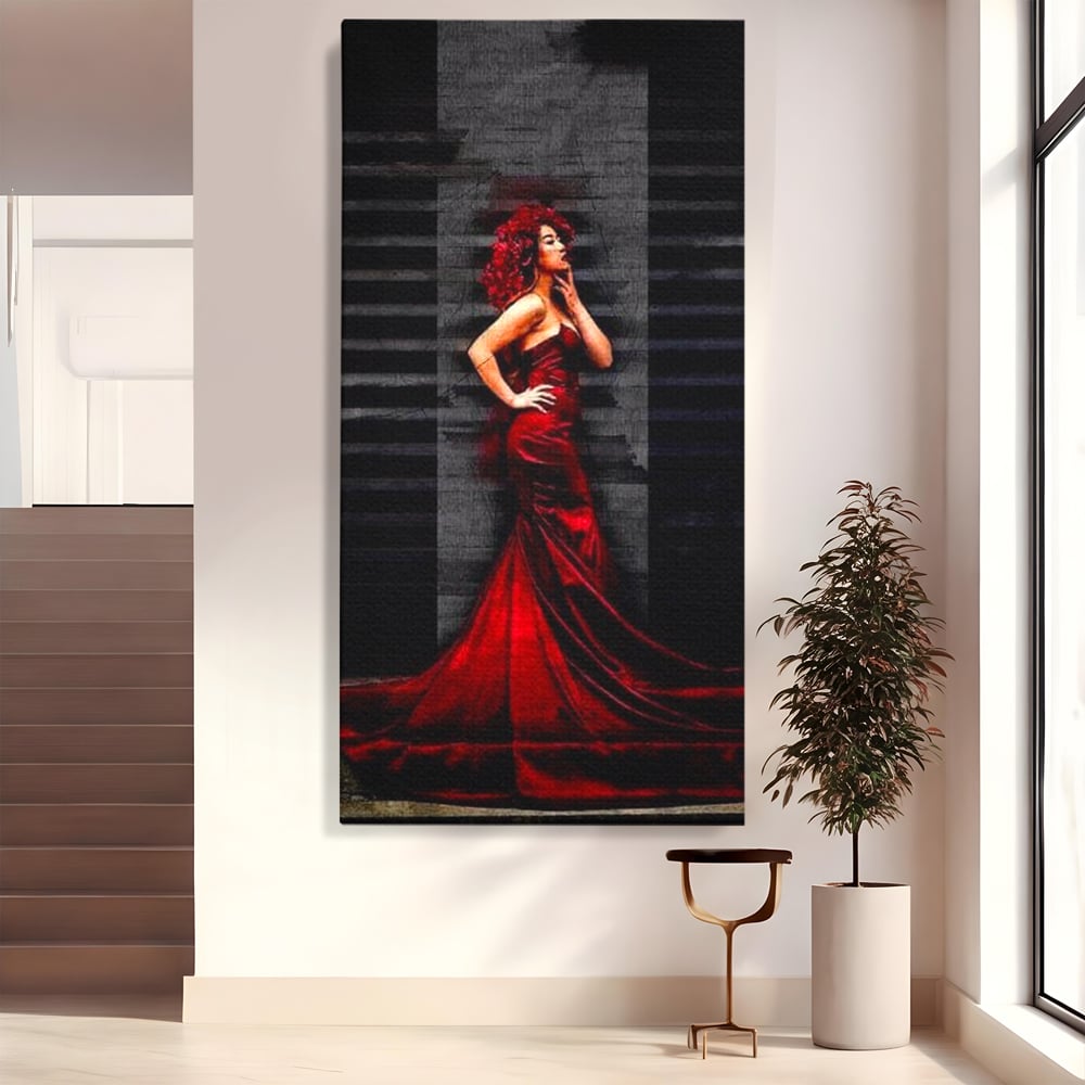 Tablou canvas cu tablou canvas cu femeie in rochie rosie, fara rama, pe sasiu de lemn