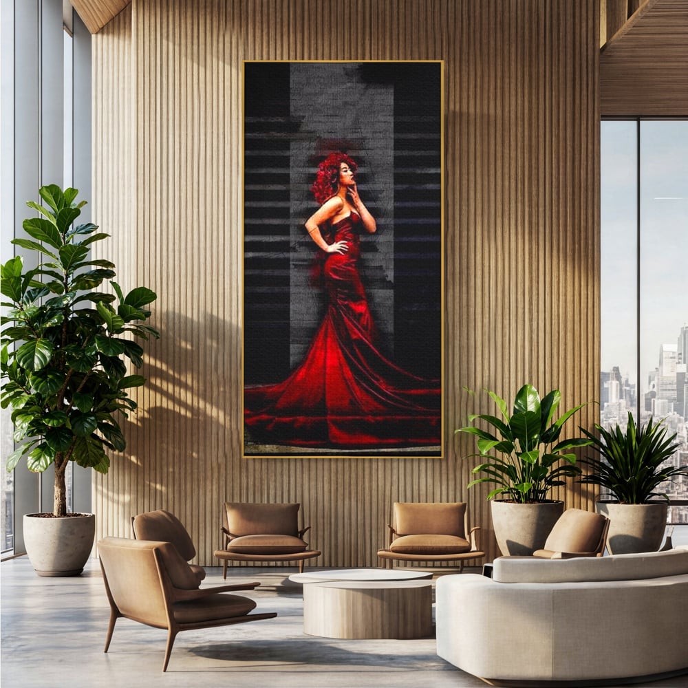Tablou canvas cu tablou canvas cu femeie in rochie rosie, in rama de aluminiu auriu, pe perete intr-un birou