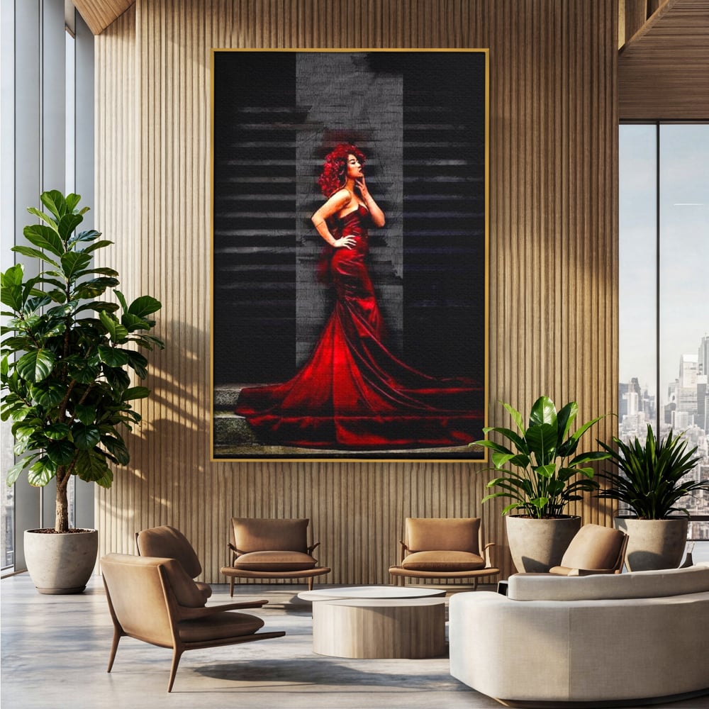 Tablou canvas cu tablou canvas cu femeie in rochie rosie, in rama de aluminiu auriu, pe perete intr-un birou