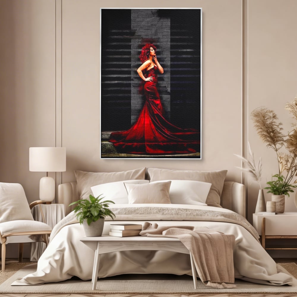Tablou canvas cu tablou canvas cu femeie in rochie rosie, in rama de aluminiu argintiu, pe perete intr-un dormitor