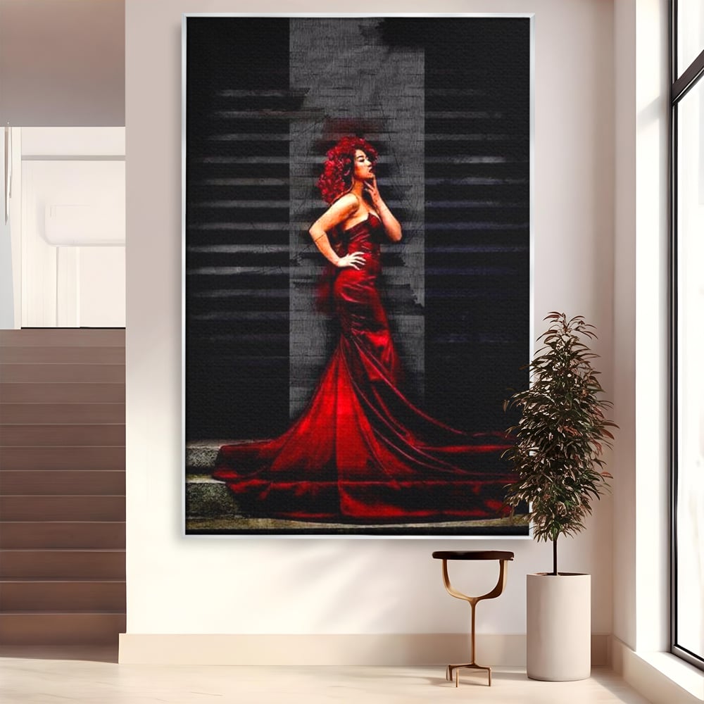 Tablou canvas cu tablou canvas cu femeie in rochie rosie, in rama de aluminiu argintiu