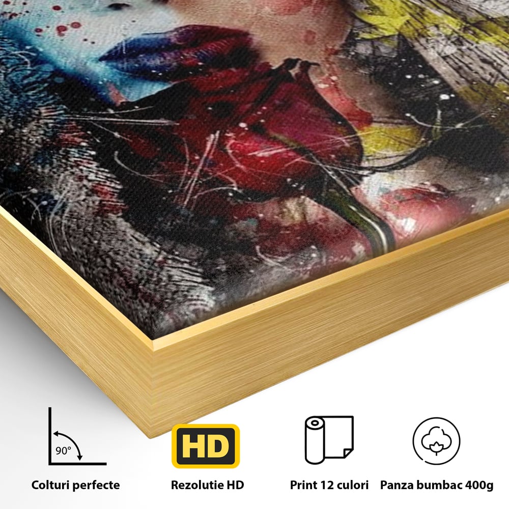 Detaliu al suprafetei: tablou canvas cu portret de femeie si trandafir rosu, in rama de aluminiu auriu