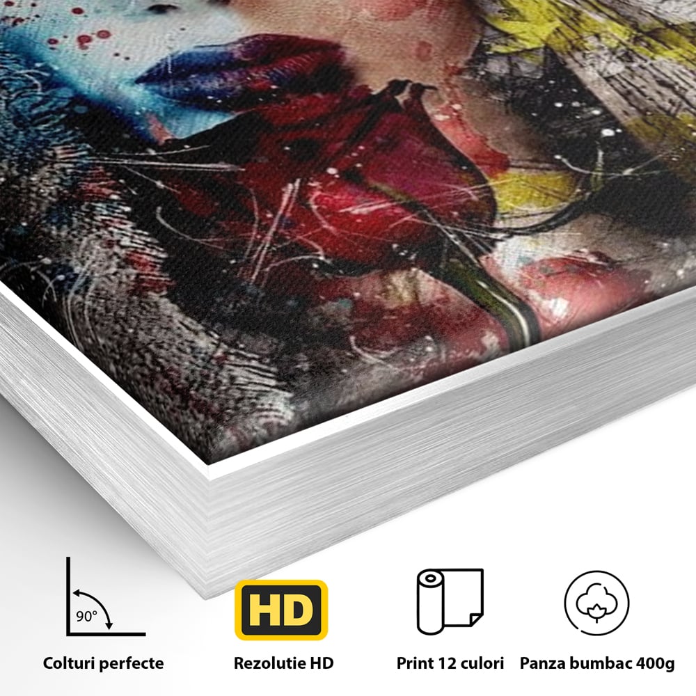 Detaliu al suprafetei: tablou canvas cu portret de femeie si trandafir rosu, in rama de aluminiu argintiu