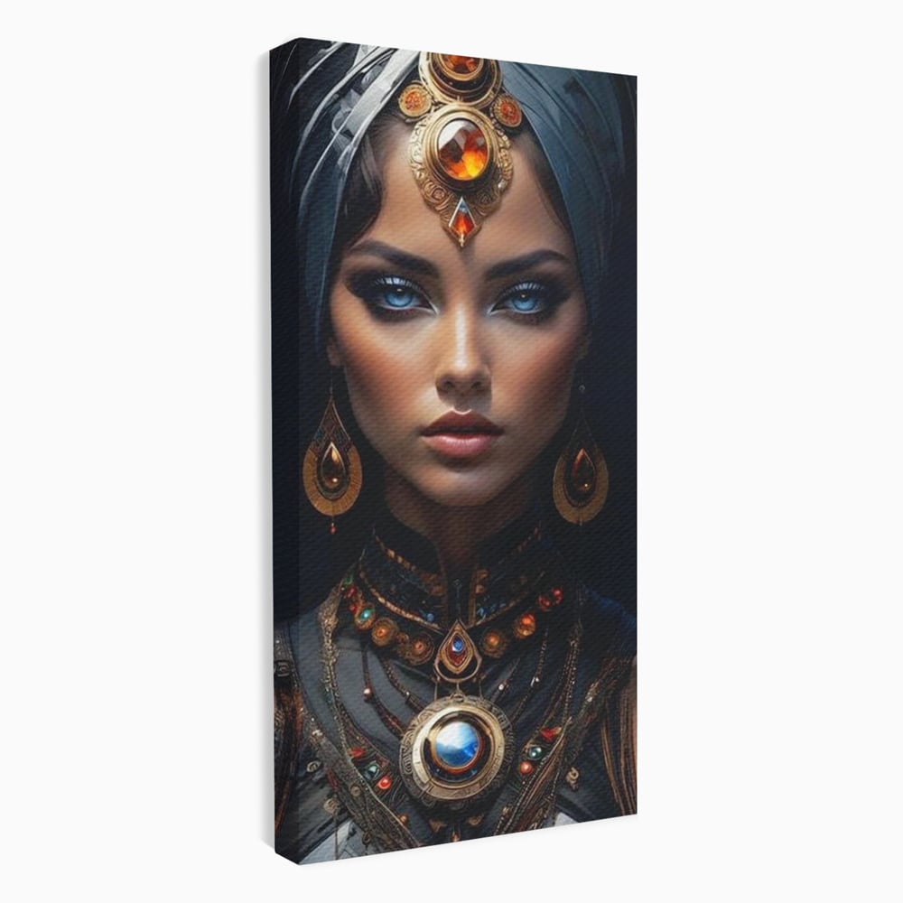 Tablou canvas cu portret de femeie cu turbant si bijuterii, fara rama, pe sasiu de lemn