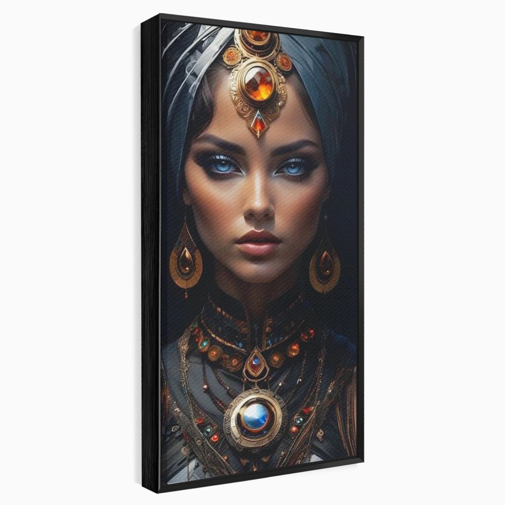 Tablou canvas cu portret de femeie cu turbant si bijuterii, in rama de aluminiu negru