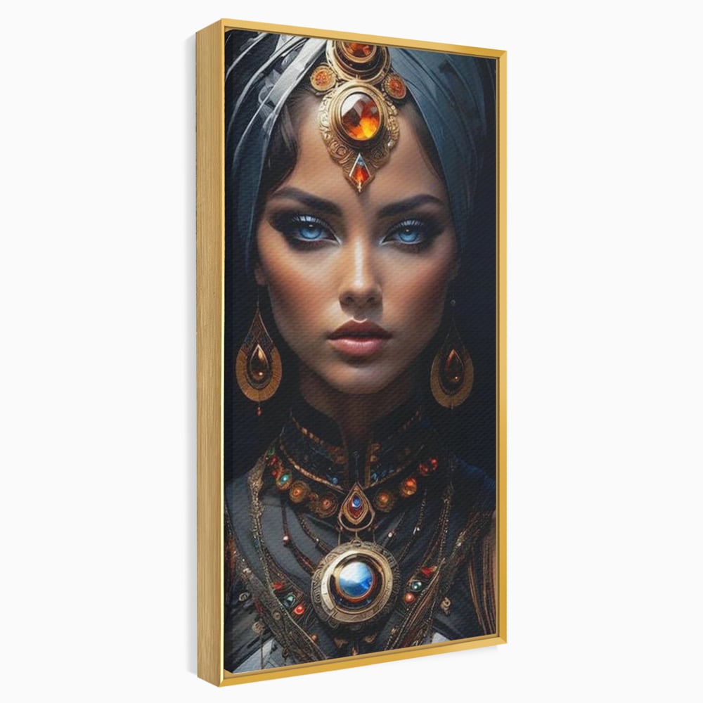 Tablou canvas cu portret de femeie cu turbant si bijuterii, in rama de aluminiu auriu