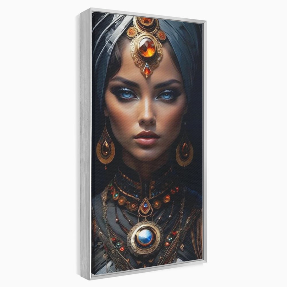Tablou canvas cu portret de femeie cu turbant si bijuterii, in rama de aluminiu argintiu